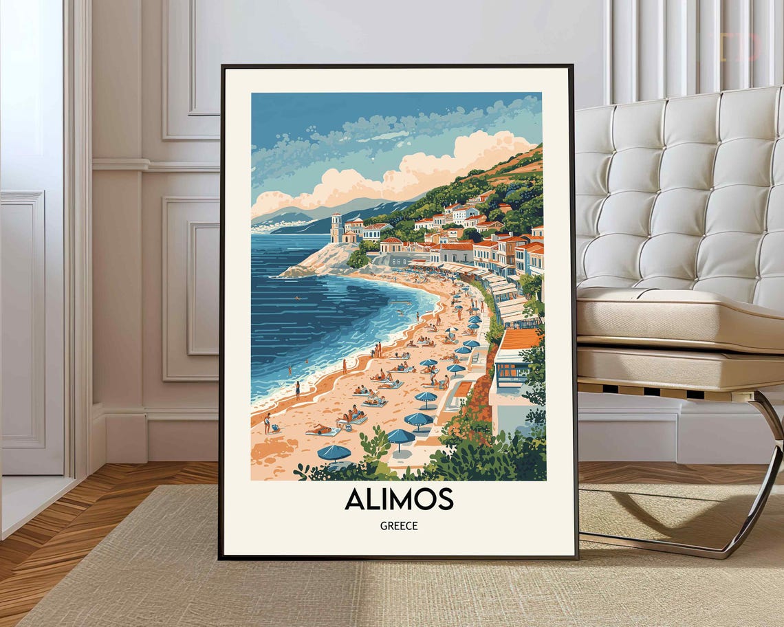 Alimos Greece Beach Bay Umbrellas Vintage Style Travel Poster