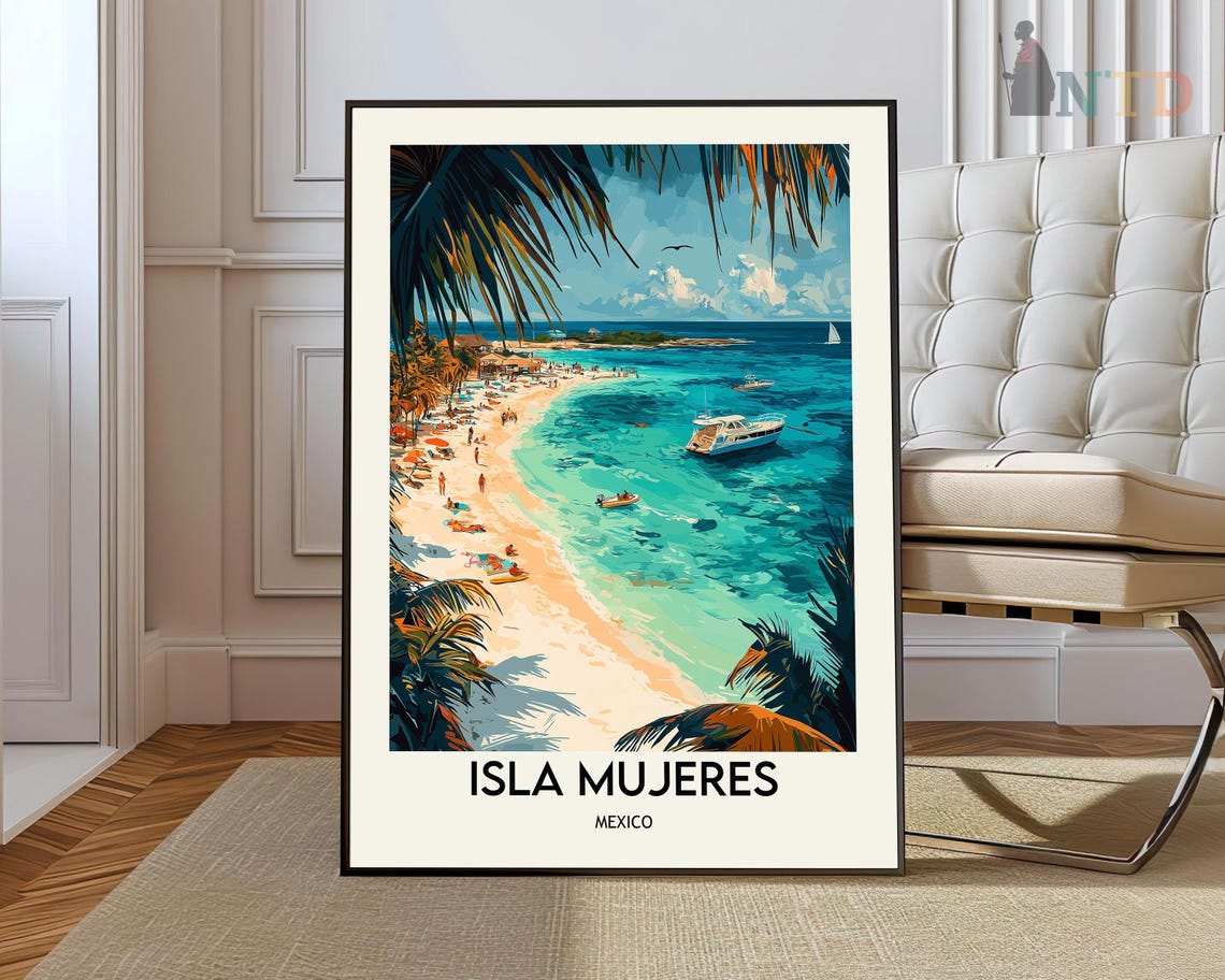 Isla Mujeres Mexico Palm Beach Boats Turquoise Bay Scene Poster