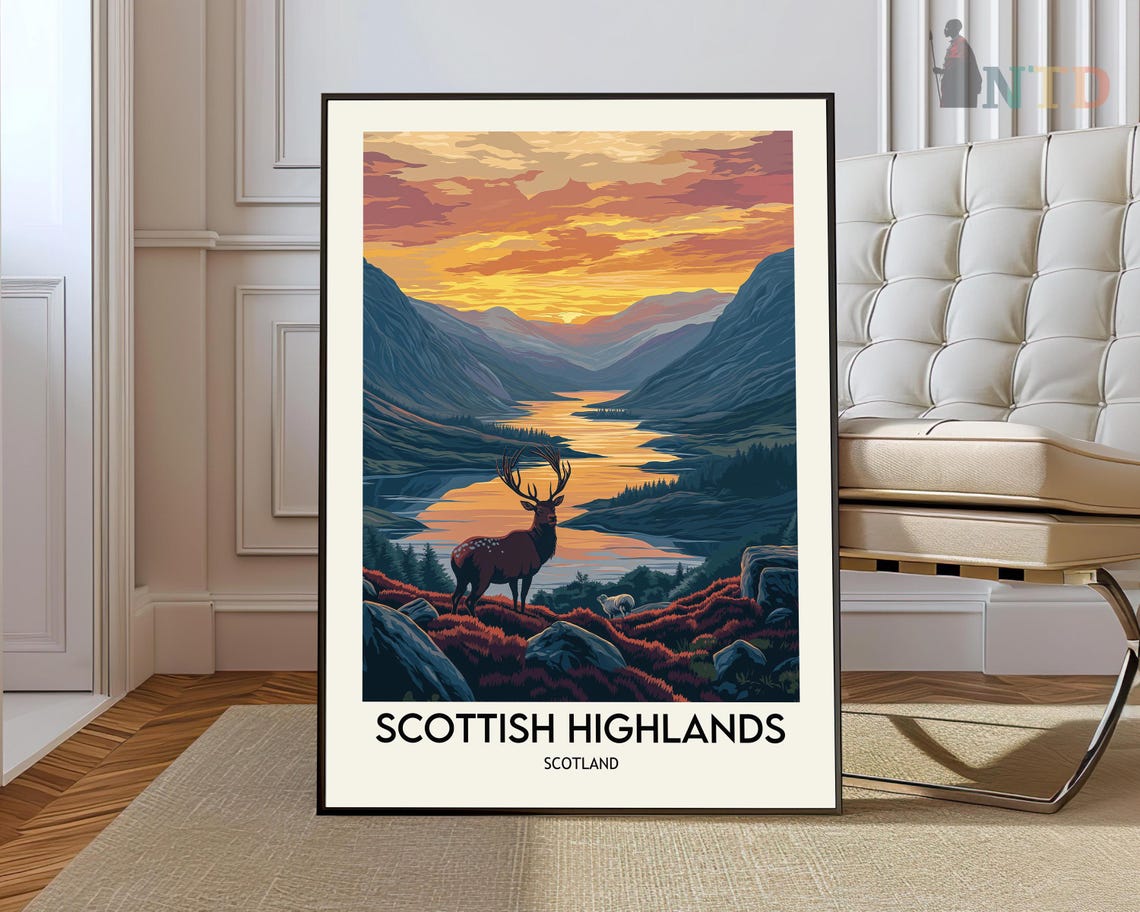 Scottish Highlands Scotland Stag Sunset Lake Mountain Travel Poster