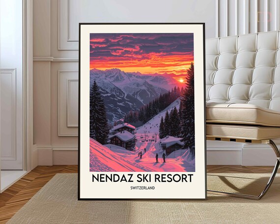 Nendaz Ski Resort Switzerland Sunset Alpine Village Travel Poster