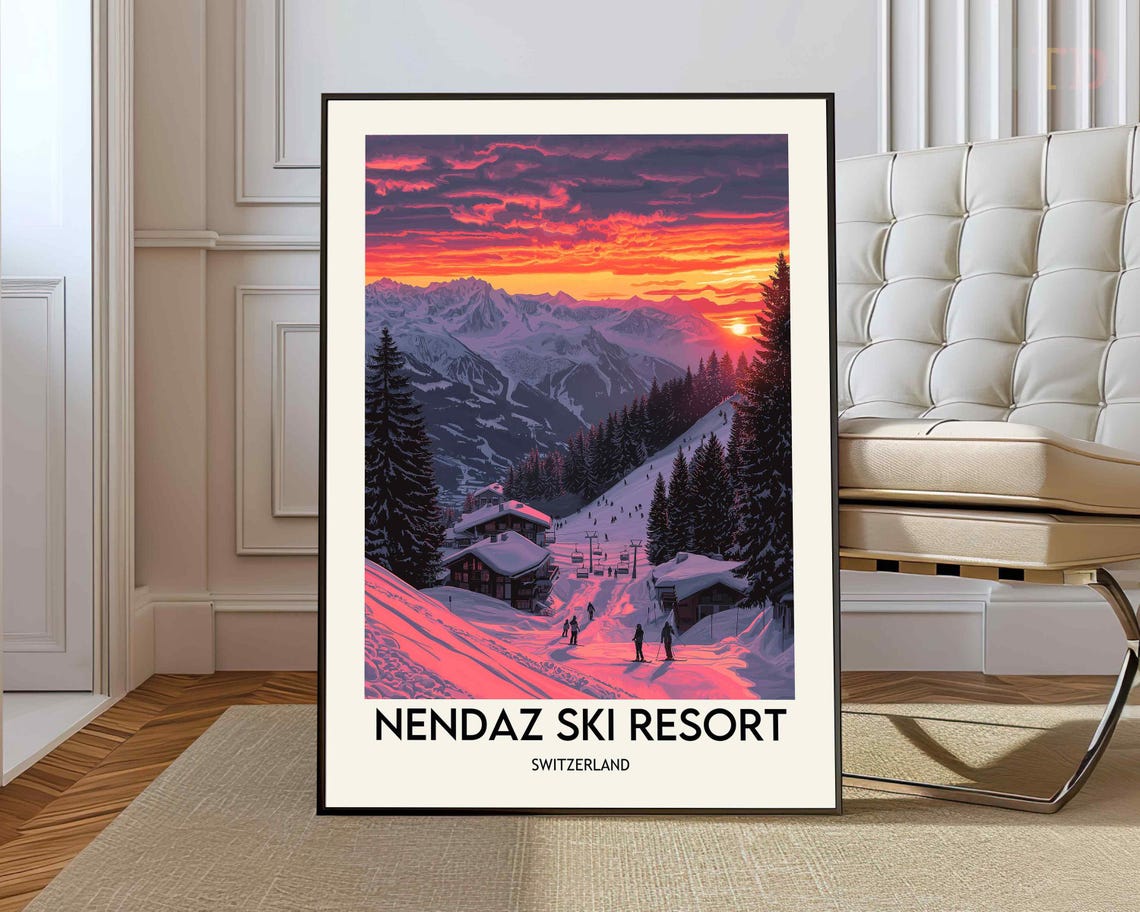 Nendaz Ski Resort Switzerland Sunset Alpine Village Travel Poster