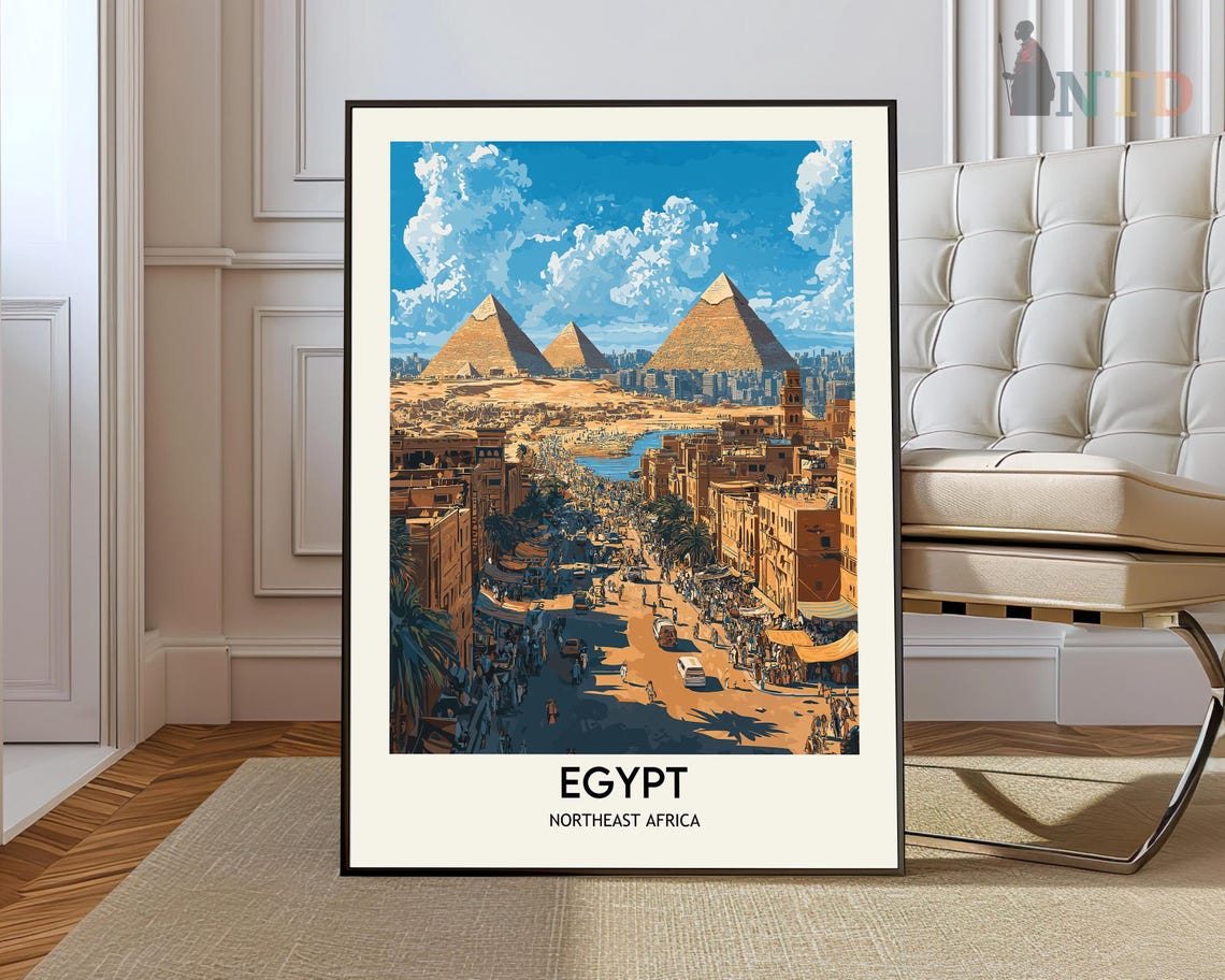 Egypt Pyramids Rising Behind a Bustling Cairo Street Market Poster