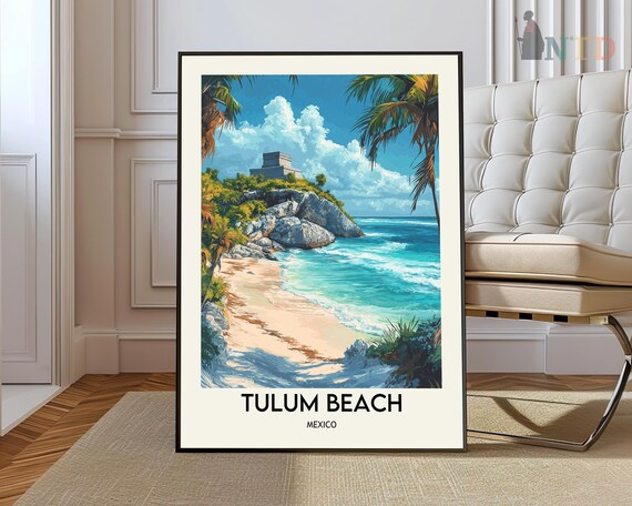 Tulum Beach Mexico Mayan Ruins Cliffs Caribbean Vintage Travel Poster