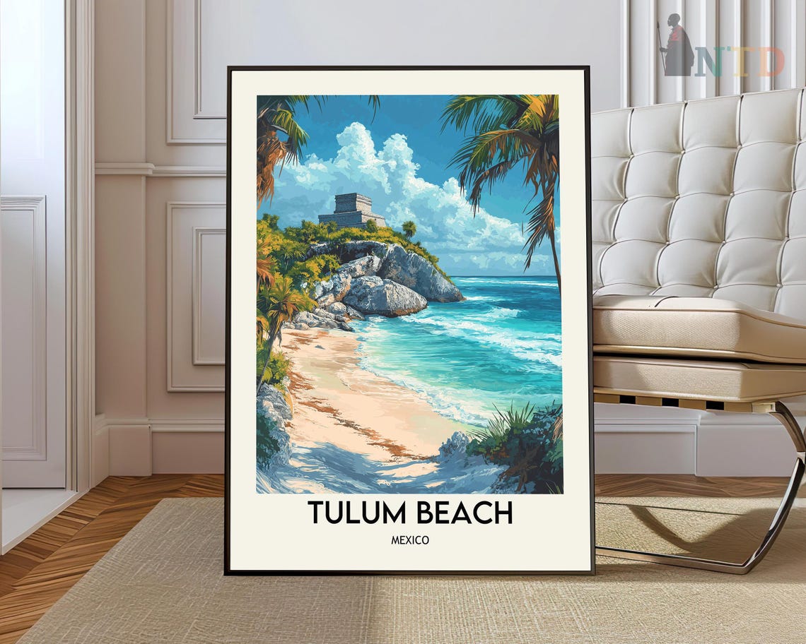 Tulum Beach Mexico Mayan Ruins Cliffs Caribbean Vintage Travel Poster