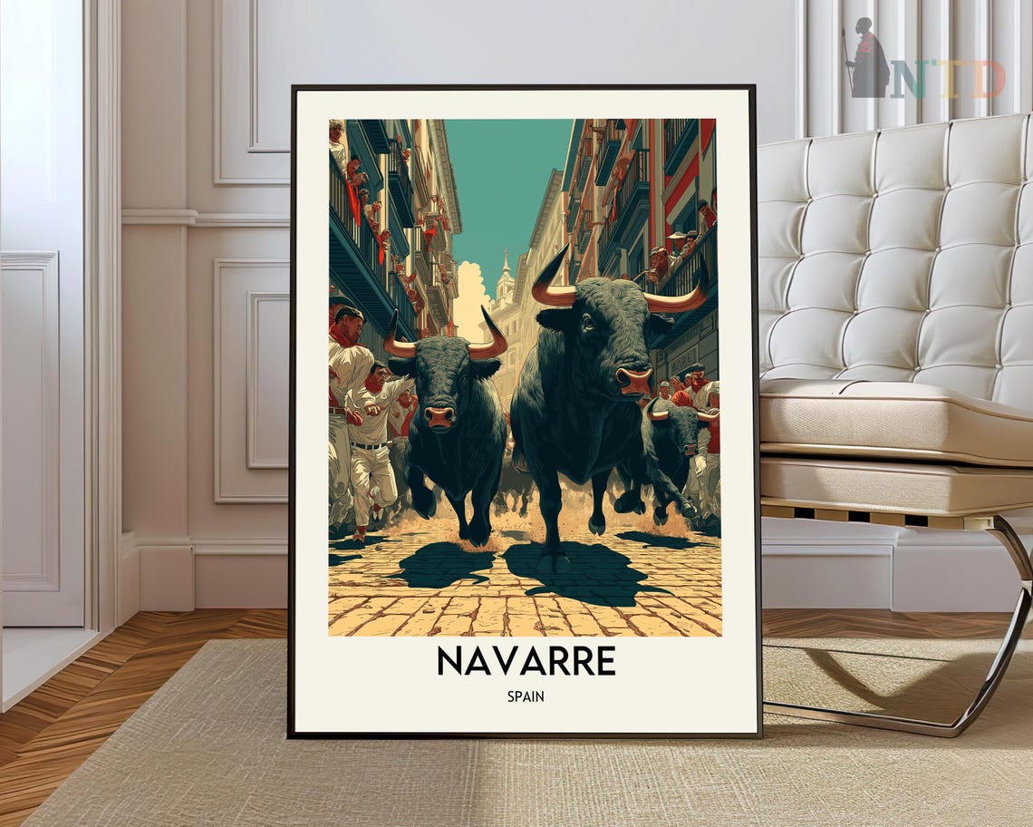 Navarre Spain Running of the Bulls Festival Vintage Style Poster