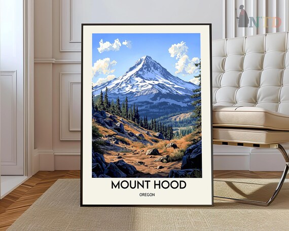 Mount Hood Oregon Snowy Peak Pine Forest Landscape Travel Poster
