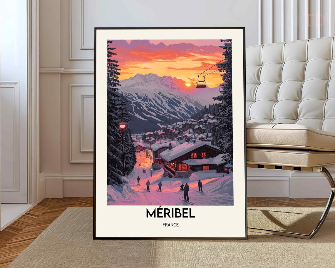 Meribel France Alpine Village Dusk Skiers Pink Glow Travel Poster