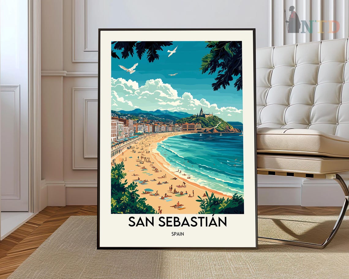 San Sebastián Spain Golden Bay Beach Vintage Travel Art Poster