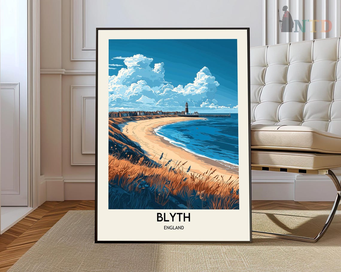 Blyth England Sandy Bay With Lighthouse And Grassy Dunes Poster