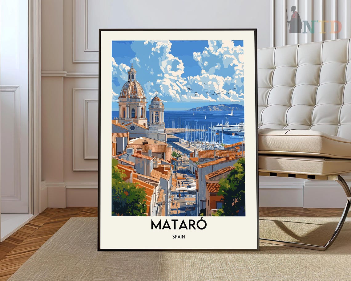Mataro Spain Church Domes Marina View Vintage Coastal Travel Poster