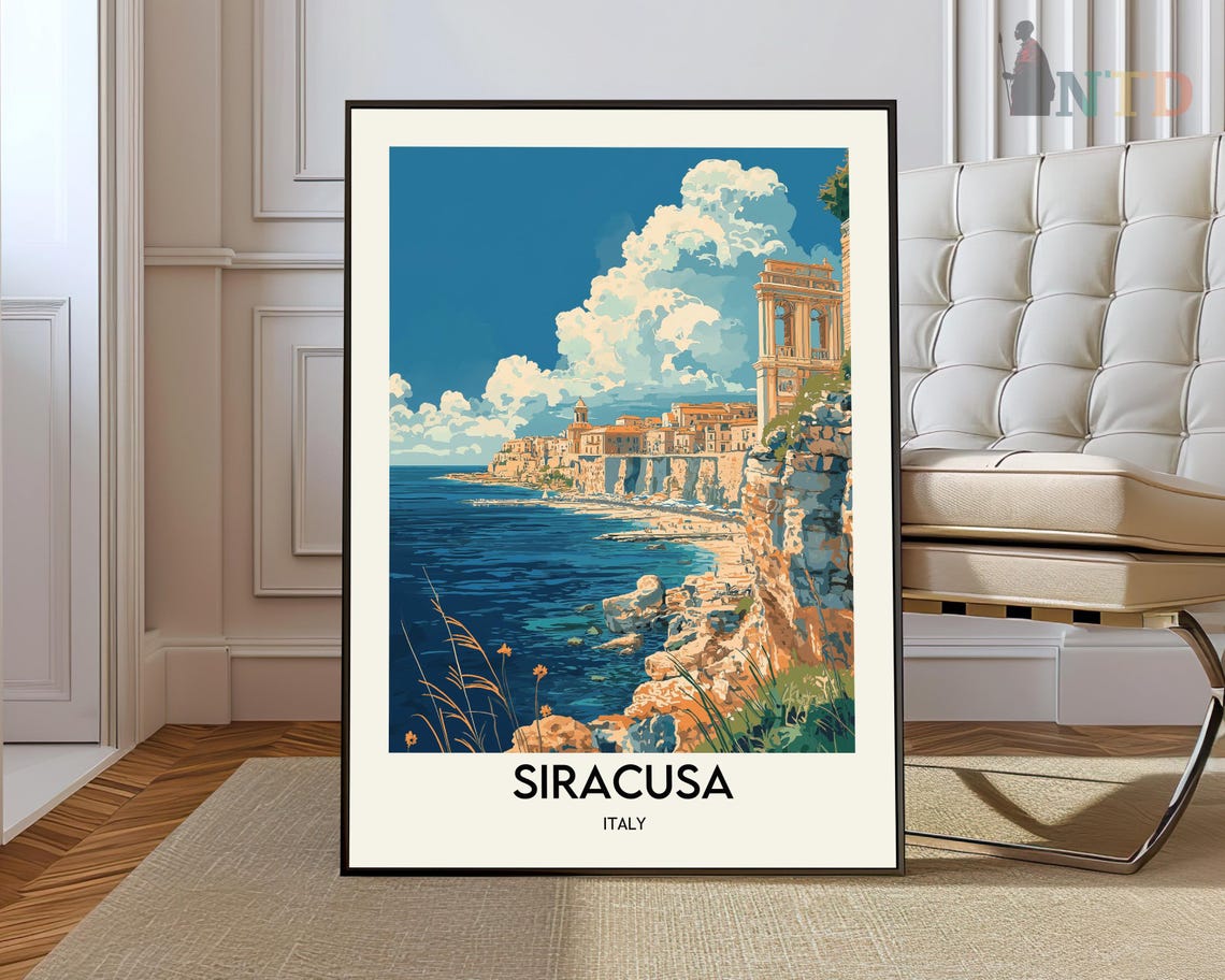 Siracusa Italy Sicily Cliffside Old Town Vintage Travel Poster