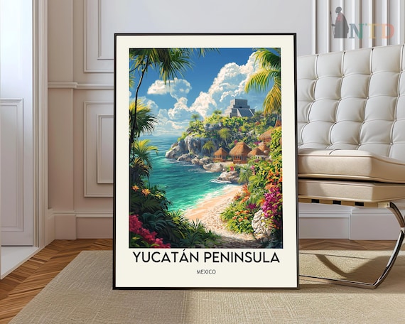 Yucatan Peninsula Mexico Tropical Cove Mayan Temple Travel Poster