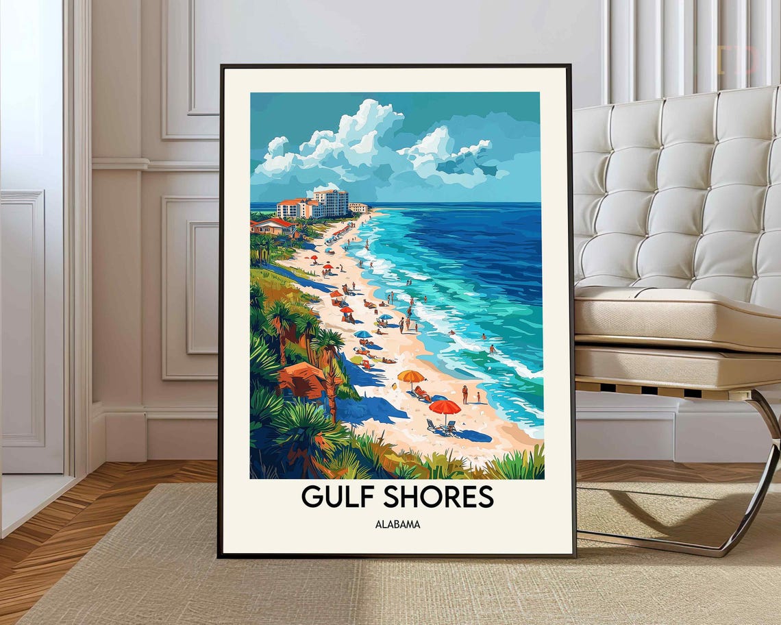 Gulf Shores Alabama Palm Dunes Overlooking A Bustling Beach Poster