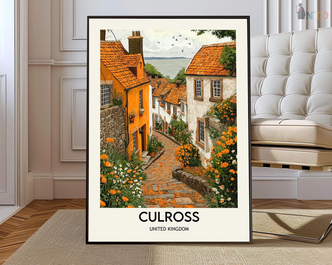 Culross Scotland Orange Flower Lane Seaside Village Travel Poster