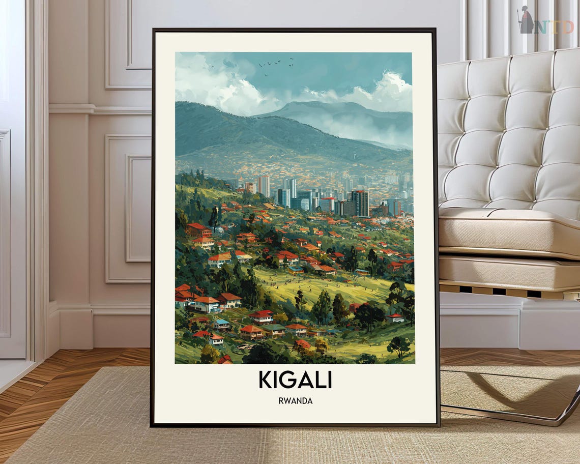 Kigali Rwanda Green Hillside City Red Roofs Vintage Travel Poster