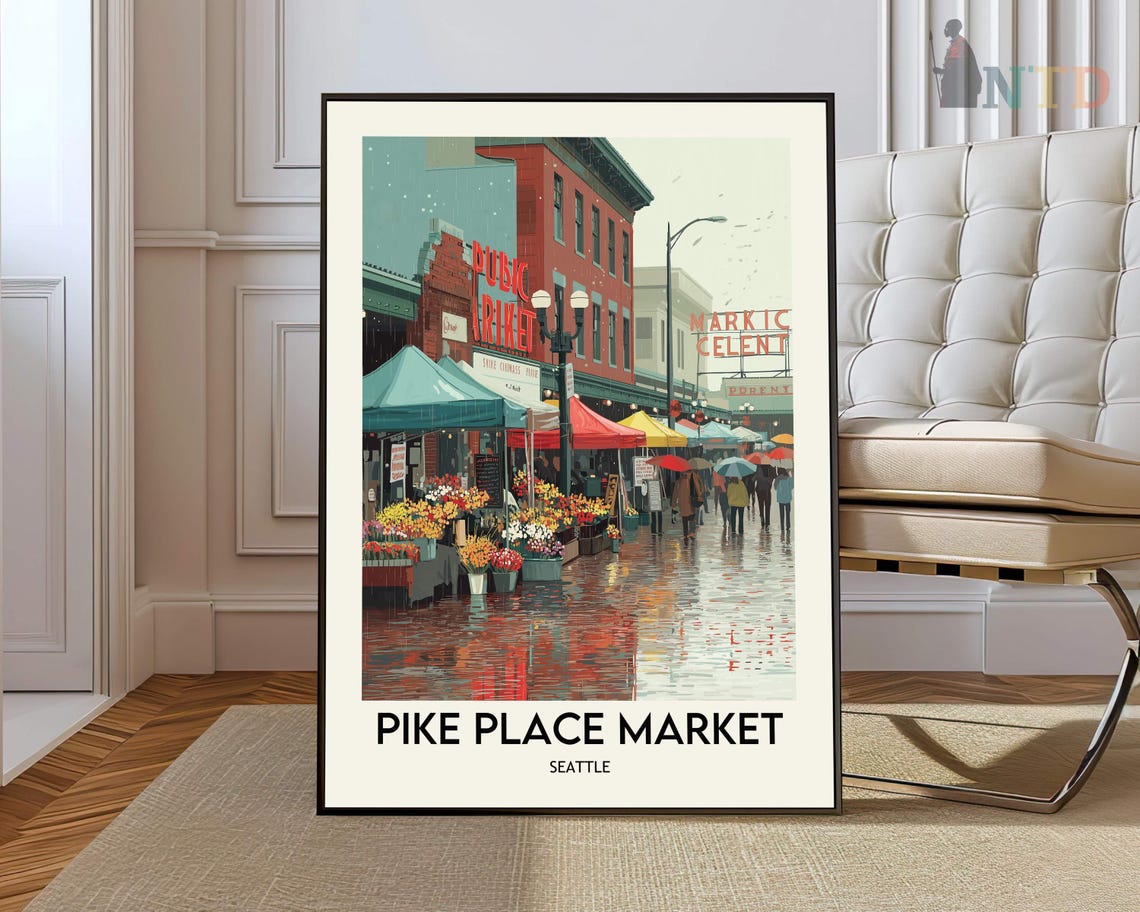 Pike Place Market Seattle Rainy Day Street Vintage Travel Poster