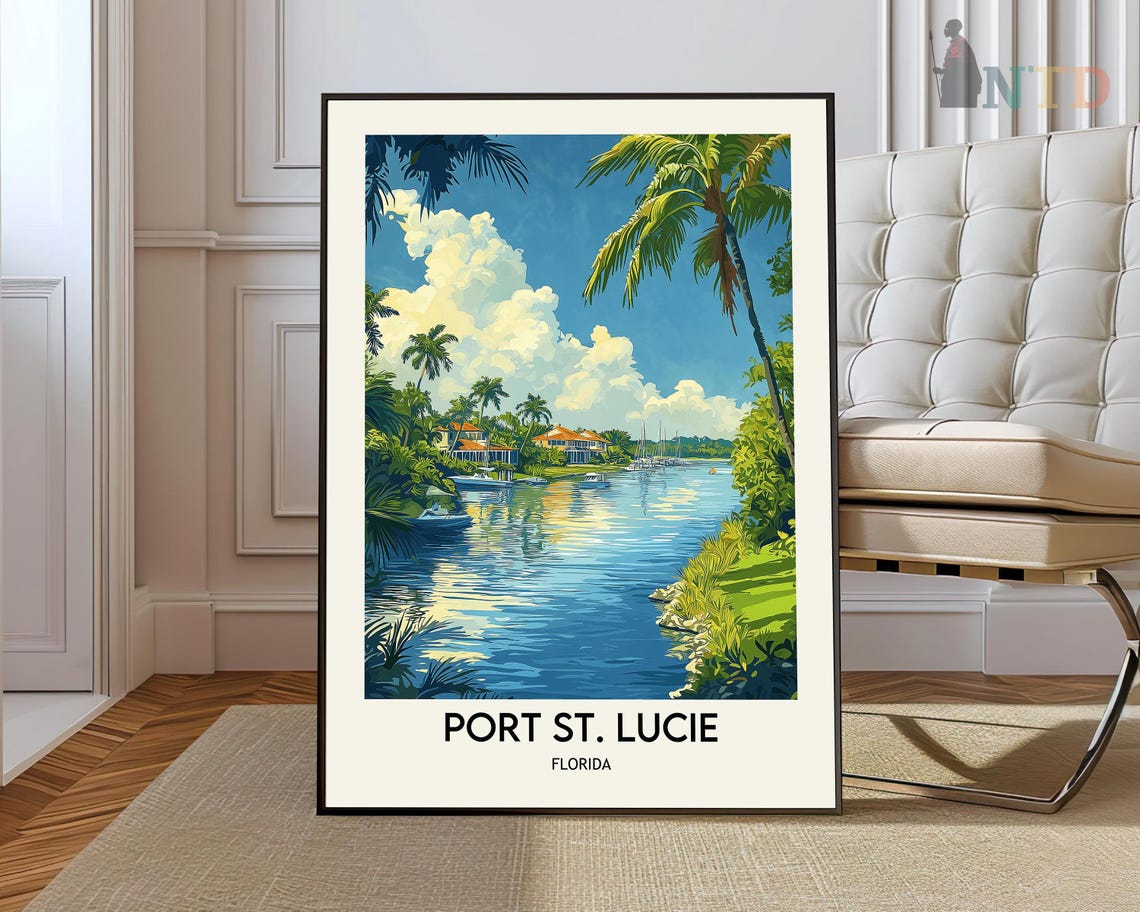 Port St Lucie Florida River Boats Palm Trees Retro Travel Poster