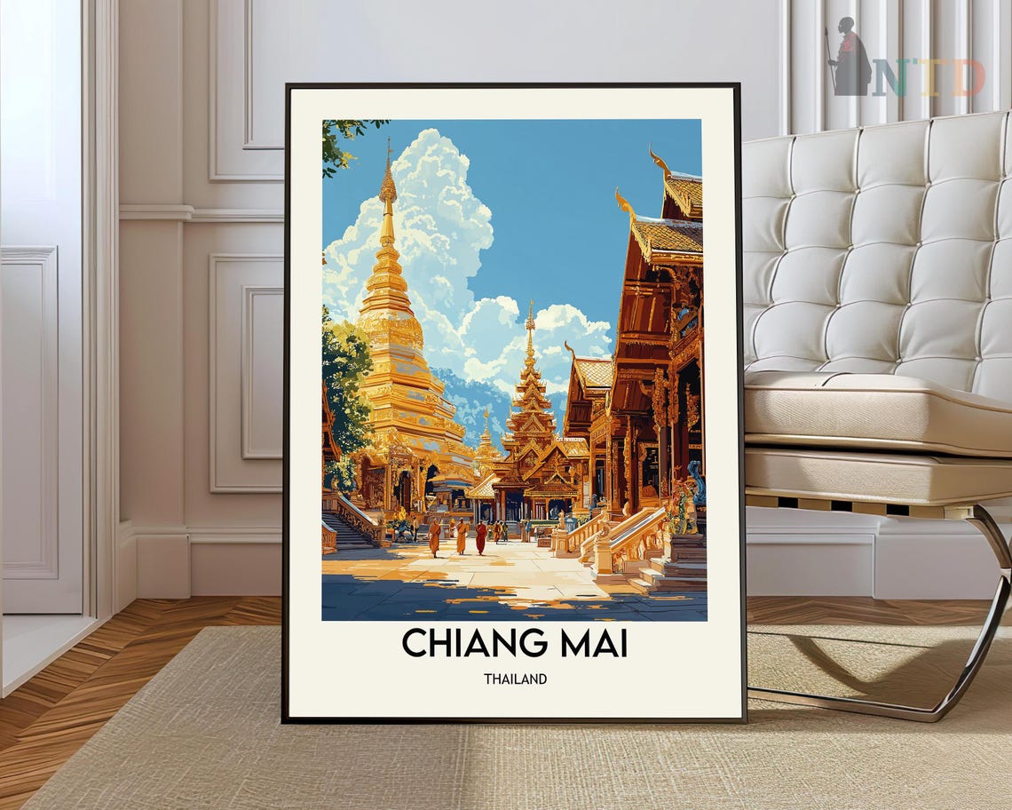 Chiang Mai Thailand Golden Temple Buddhist Stupa Travel Poster