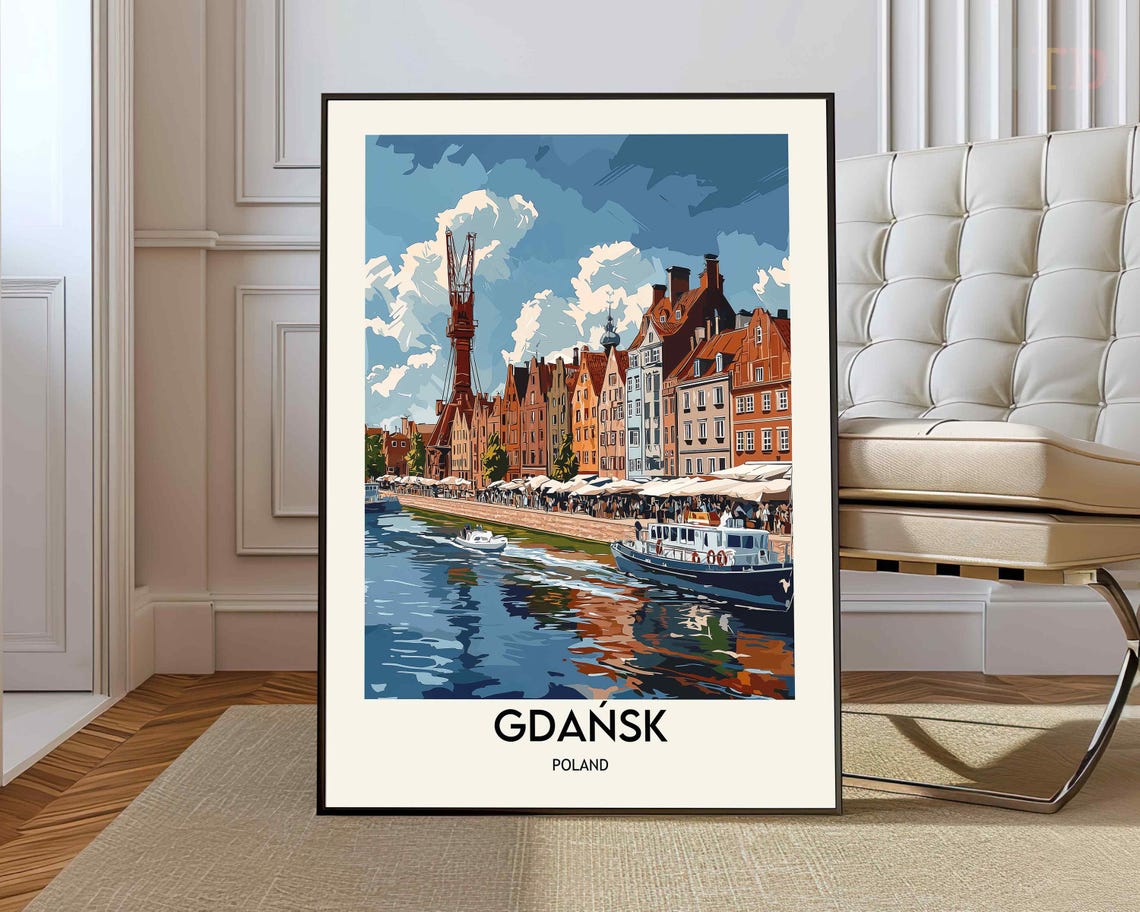 Gdańsk Poland Waterfront Colorful Old Town Retro Baltic Travel Poster