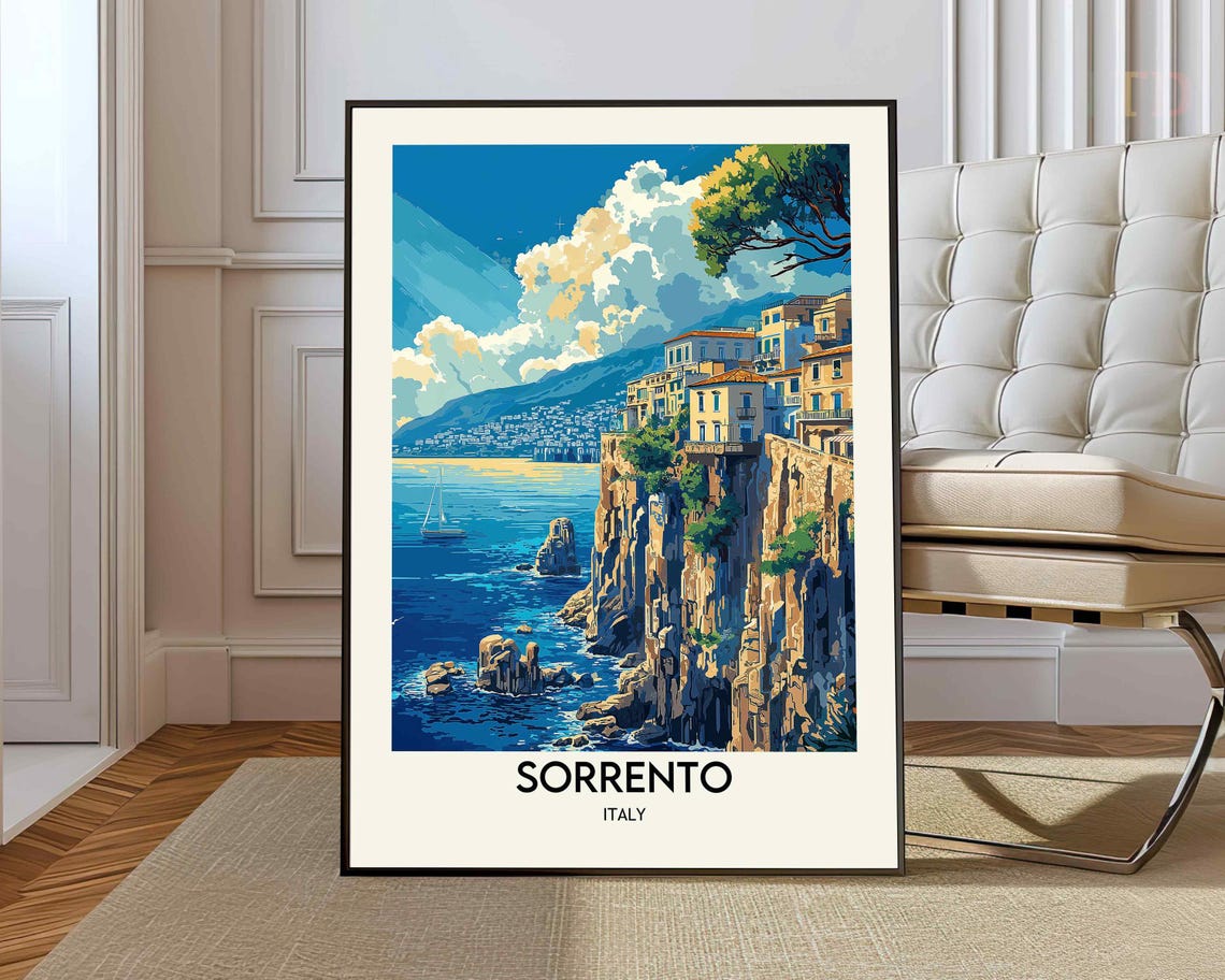 Sorrento Italy Bright Blue Cliffs Sailboat Amalfi Coast Travel Poster