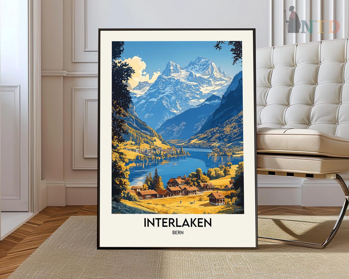 Interlaken Snowy Peaks Chalet Valley Swiss Alps Travel Poster