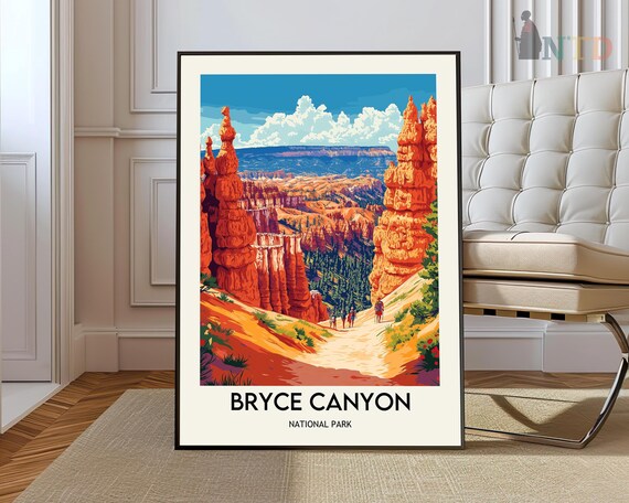 Bryce Canyon National Park Orange Hoodoos Hikers Retro Poster