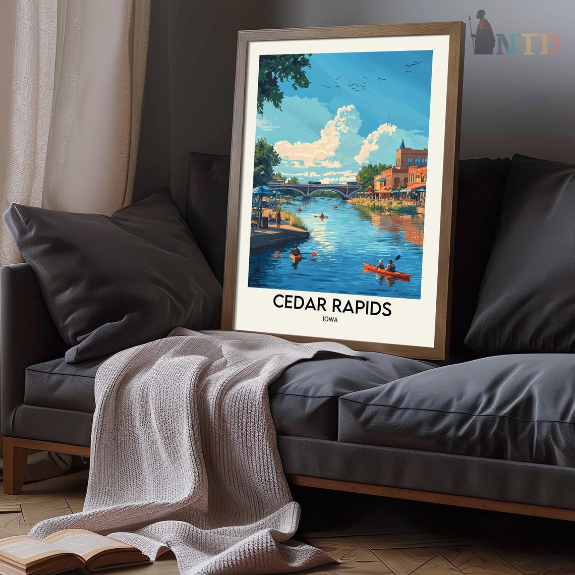Cedar Rapids Iowa River Kayakers City Bridge Summer Travel Poster - Image 3