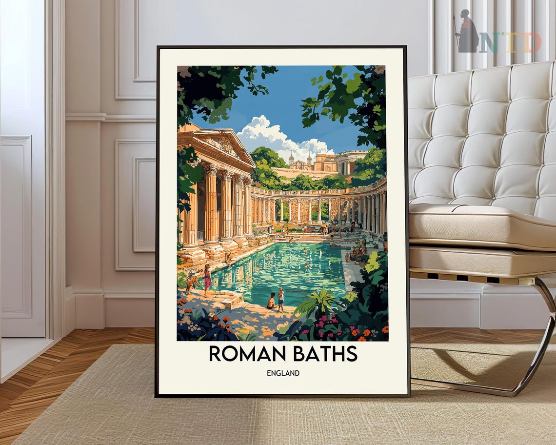 Roman Baths England Historic Pool Vintage Travel Landmark Poster