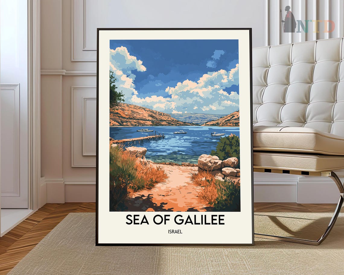 Sea Of Galilee Israel Lakeside Boats Vintage Style Travel Poster