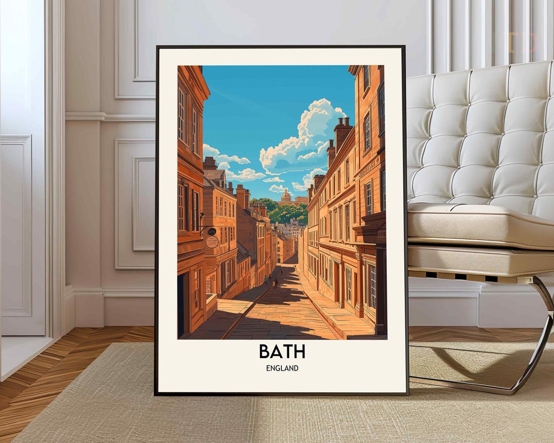 Bath England Georgian Street Golden Buildings Vintage Travel Poster