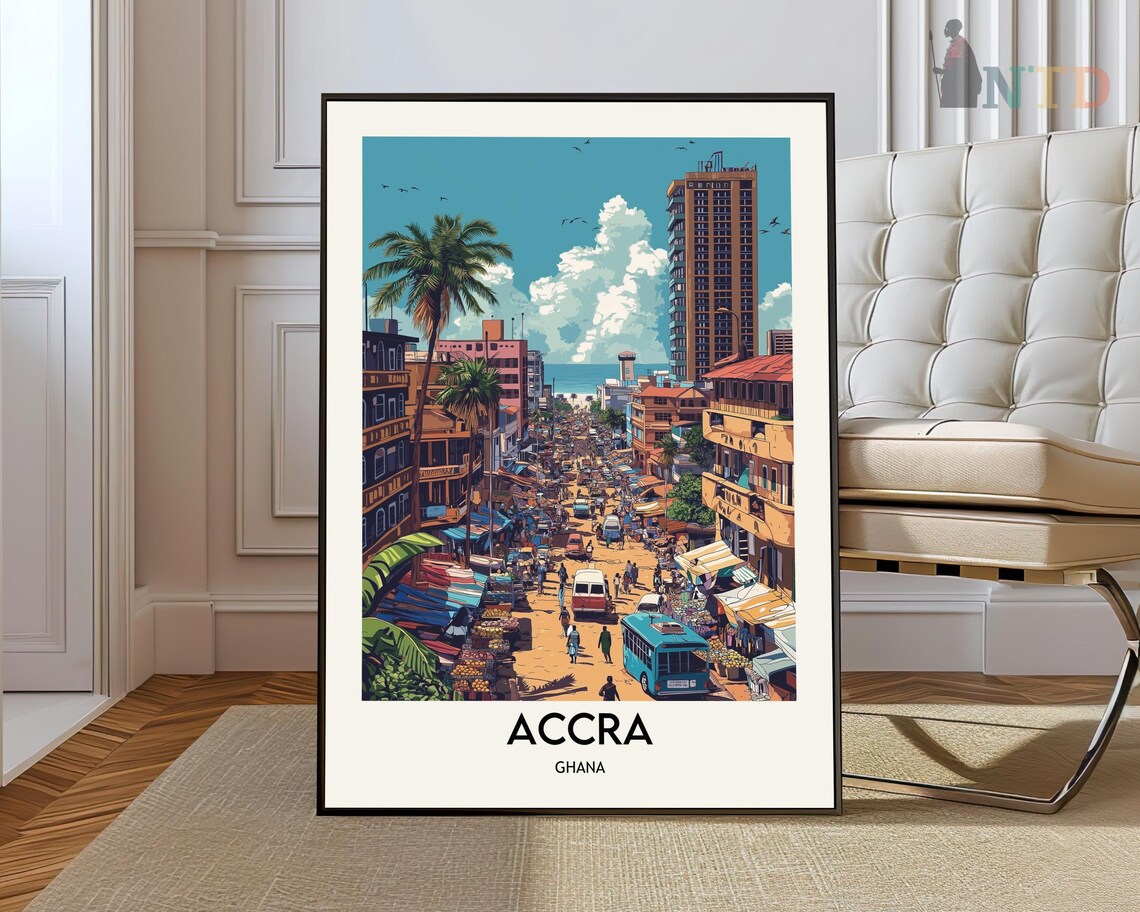 Accra Ghana Modern City Skyline Ocean Market Street Travel Poster