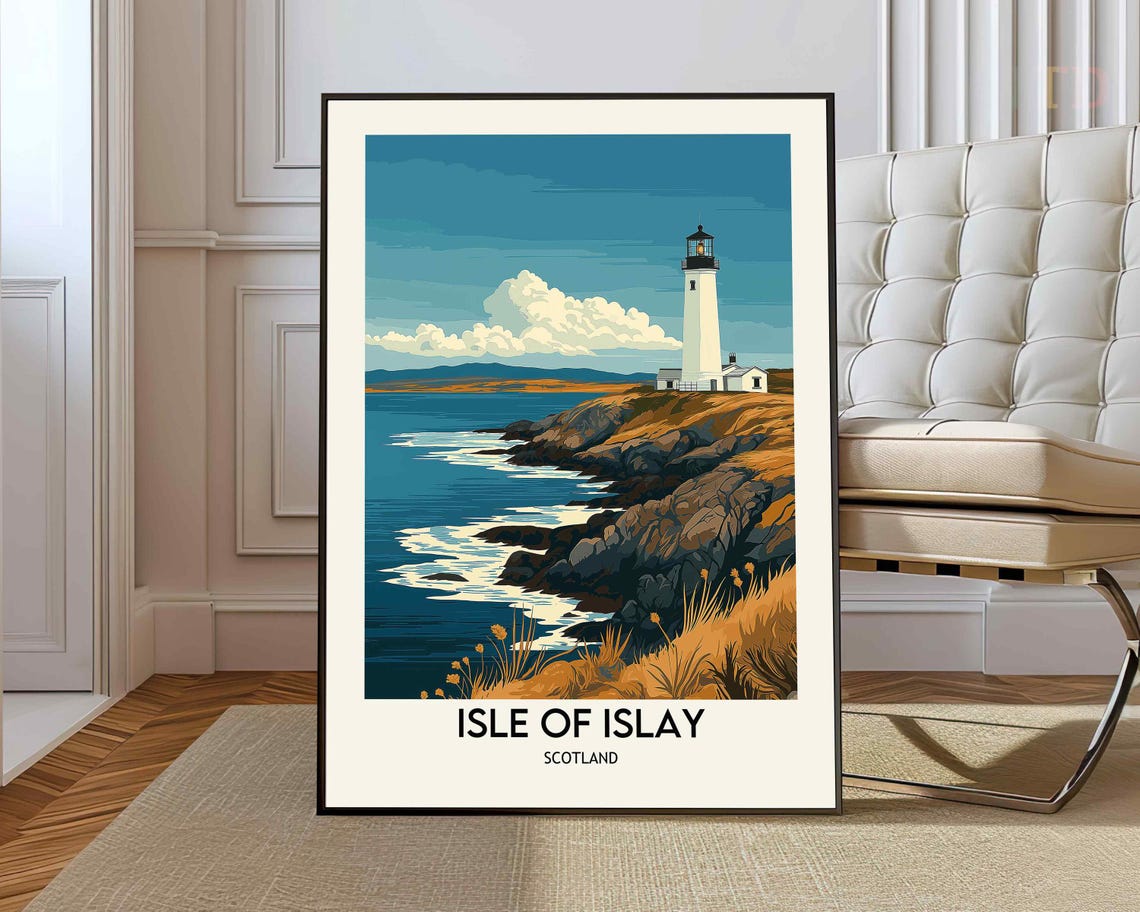 Isle of Islay Scotland Travel Poster with Lighthouse on Rocky Coast