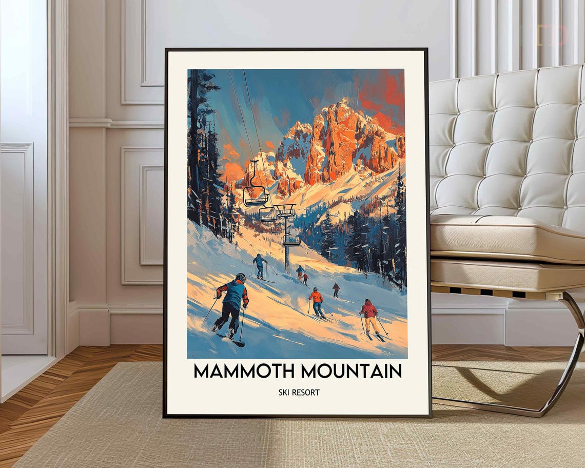 Mammoth Mountain Ski Resort Sunset Chairlift Vintage Travel Poster