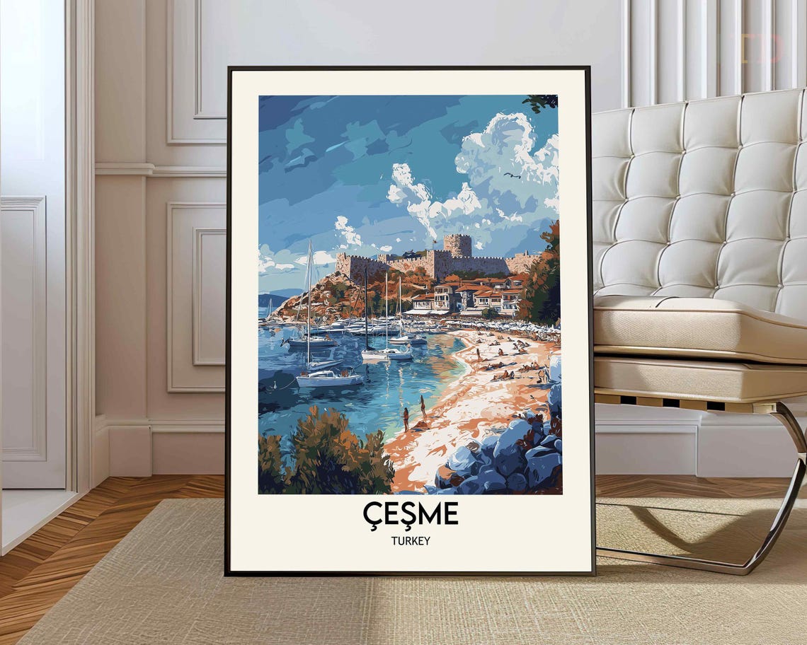Cesme Turkey Harbor and Castle Beach Vintage Style Travel Poster
