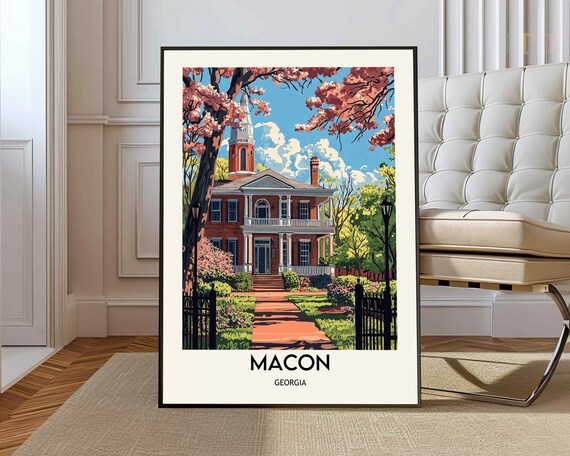 Macon Georgia Historic Mansion in Spring Bloom Travel Poster