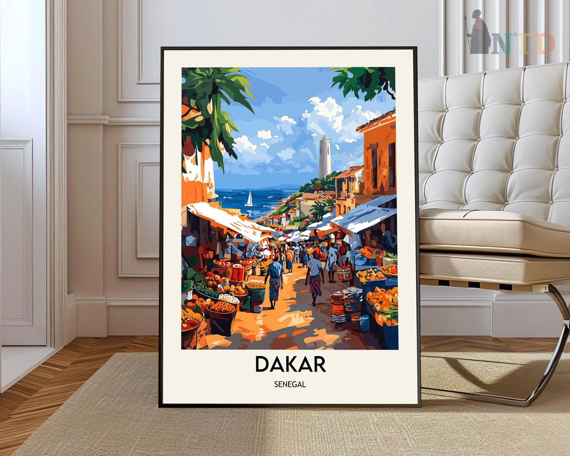Dakar Senegal Market Street Lighthouse Vibrant Vintage Travel Poster