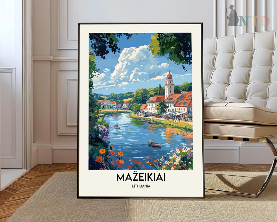 Mazeikiai Lithuania Riverside Town with Church Tower Travel Poster