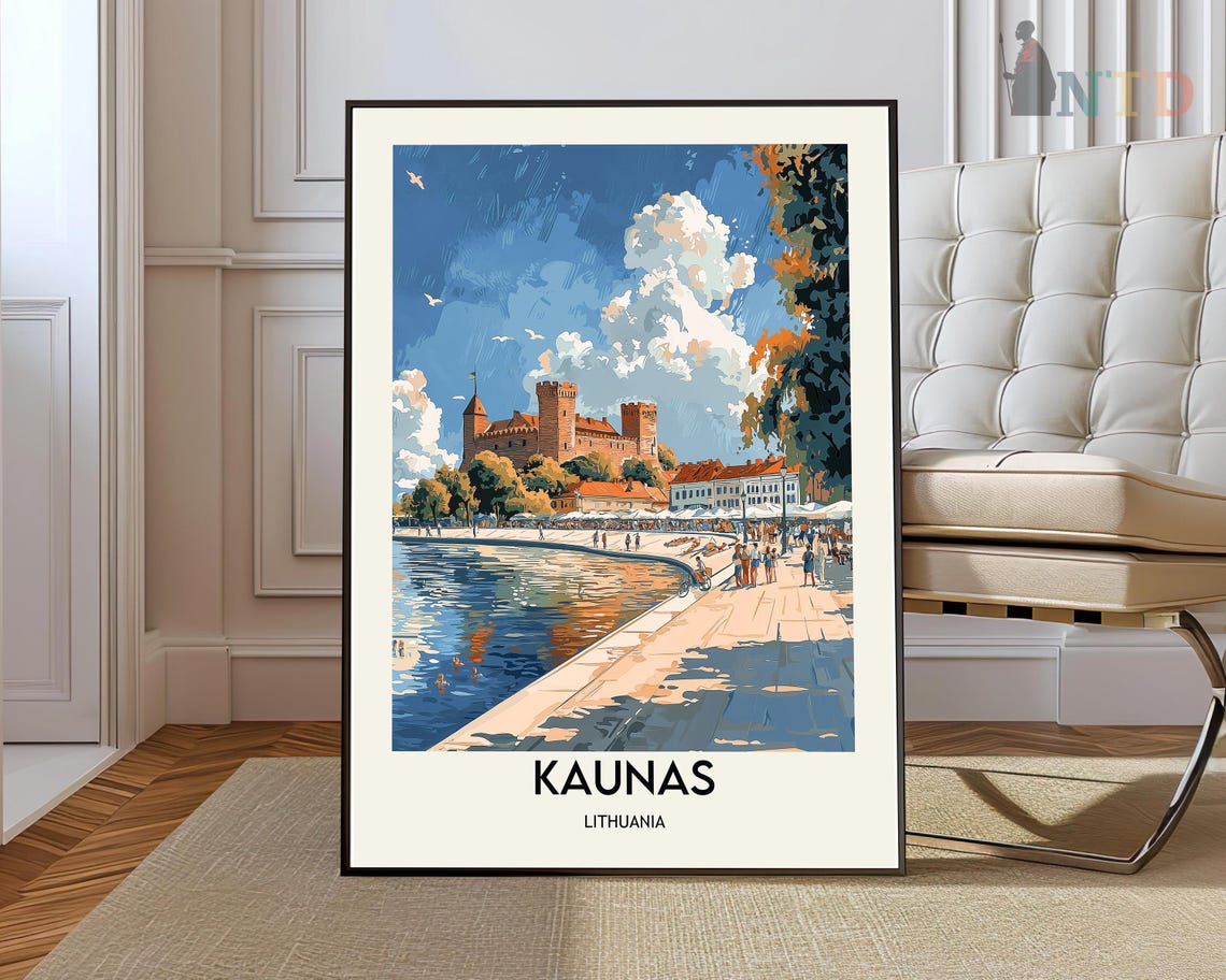 Kaunas Lithuania Riverside Castle Summer Day Vintage Travel Poster