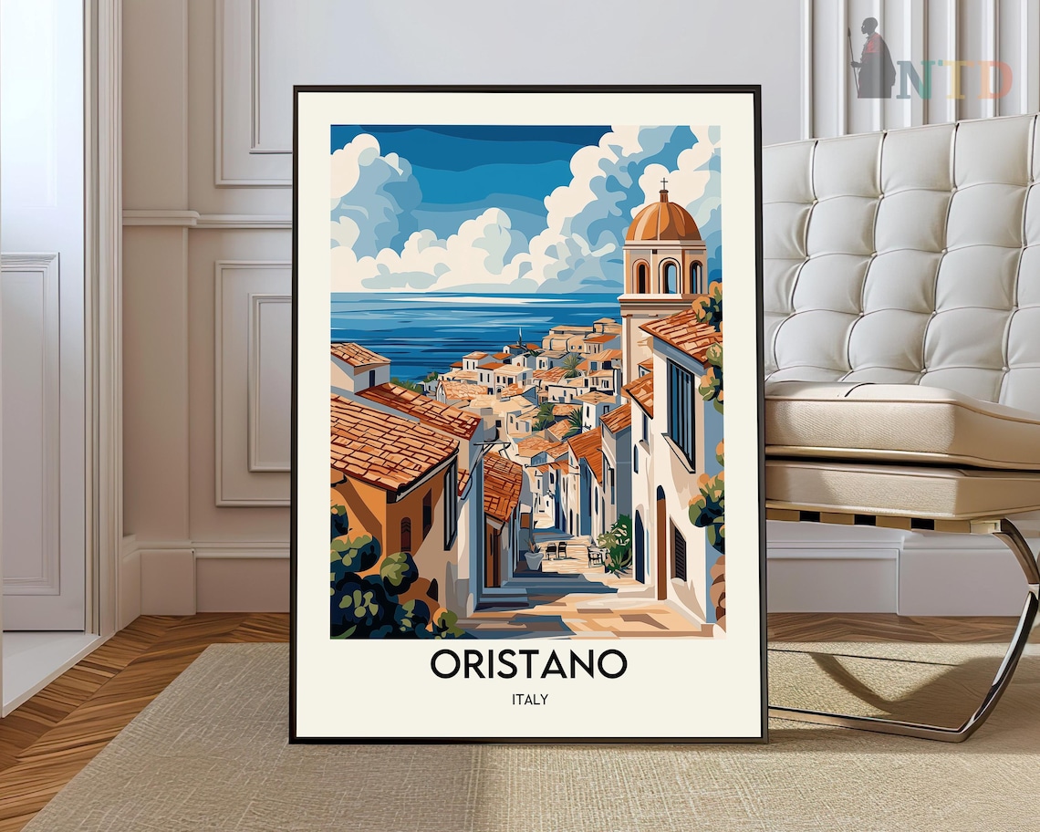Oristano Italy Street Descending To Sea With Bell Tower Travel Poster