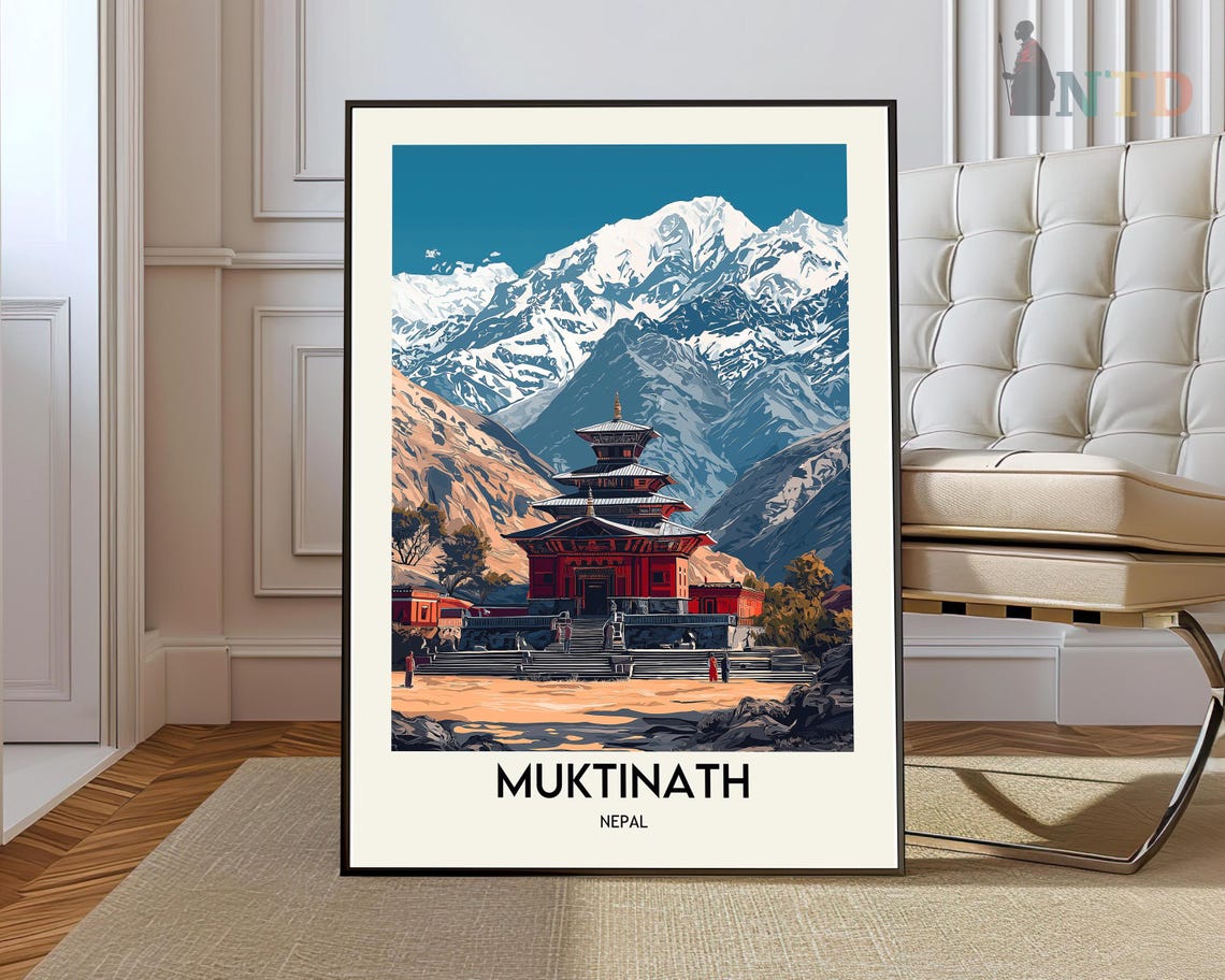Muktinath Nepal Sacred Temple Snowy Himalayan Peaks Travel Poster