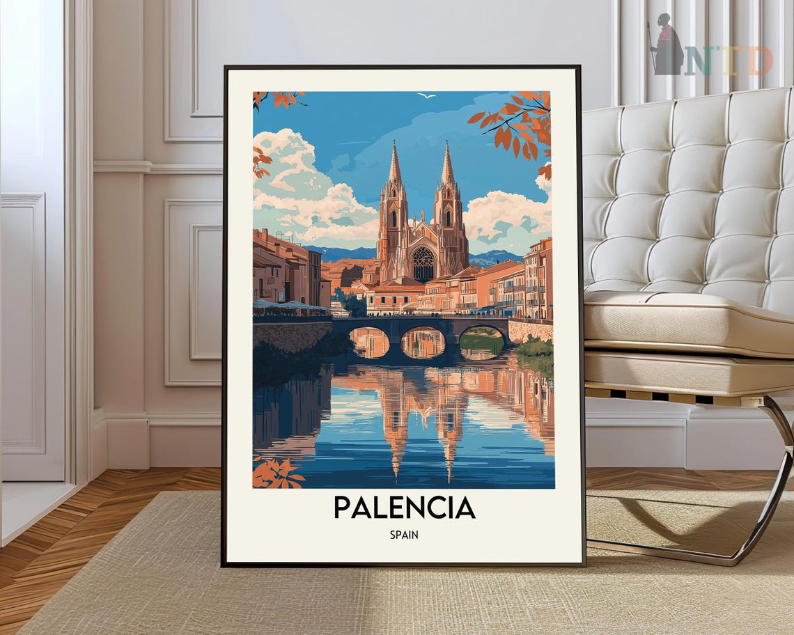 Palencia Spain Cathedral River Reflection Vintage Travel Art Poster