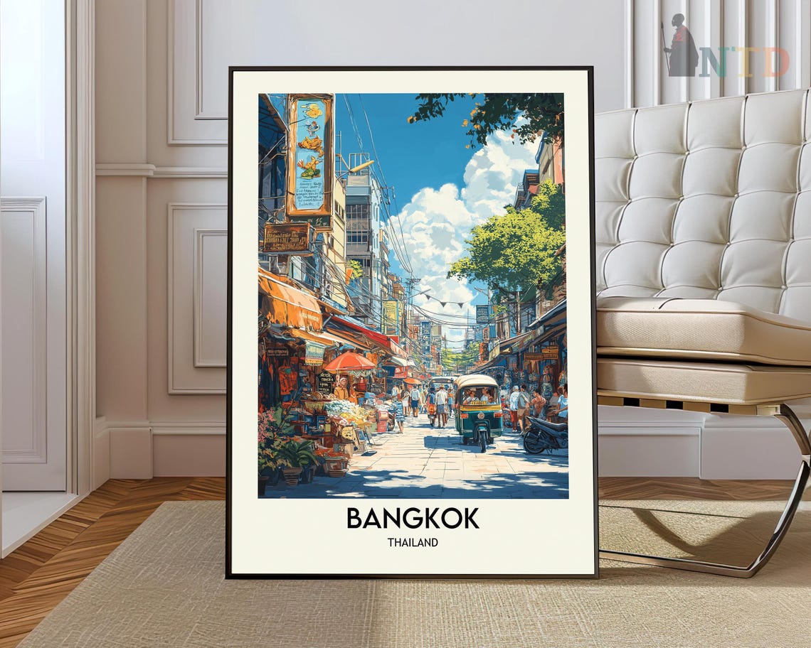 Bangkok Thailand Busy Street Market Tuk Tuk Shops Daytime Poster