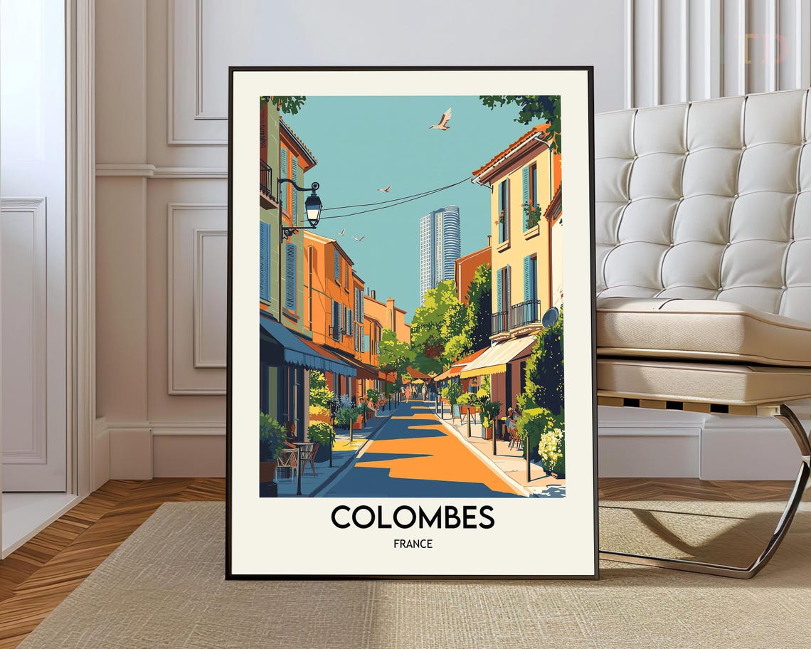 Colombes France Sunlit Shopping Street Shops Vintage Travel Poster