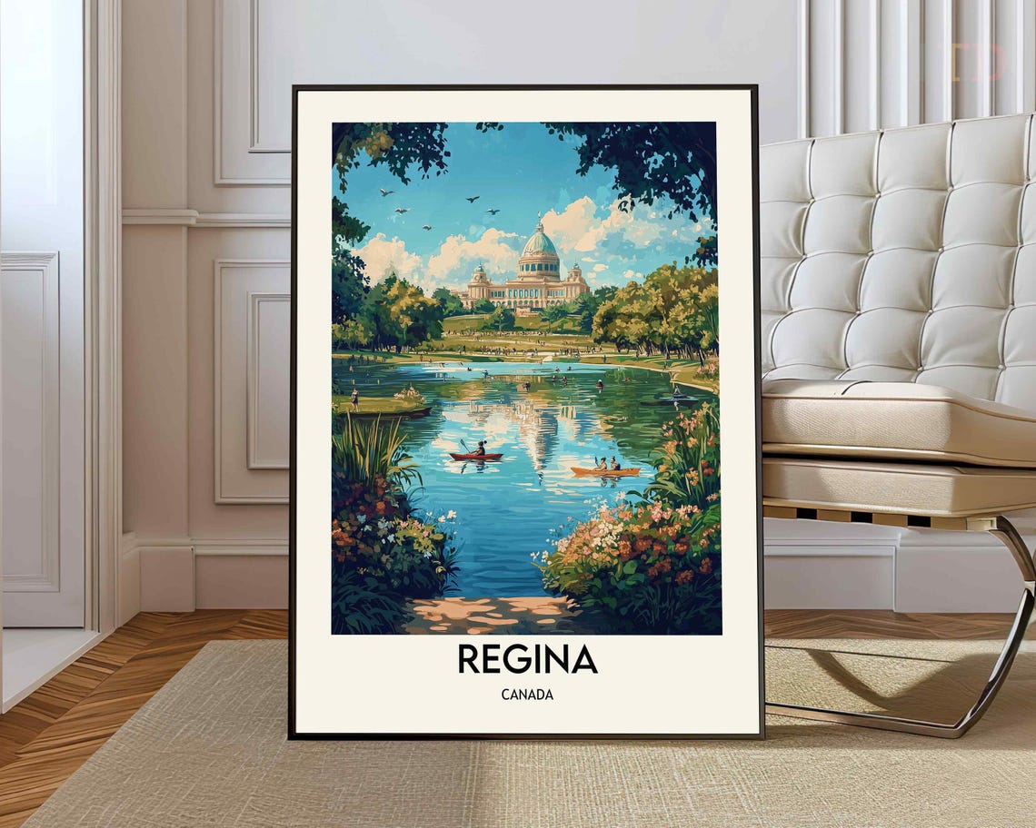 Regina Canada Domed Legislature Lake Canoes Vintage Travel Poster