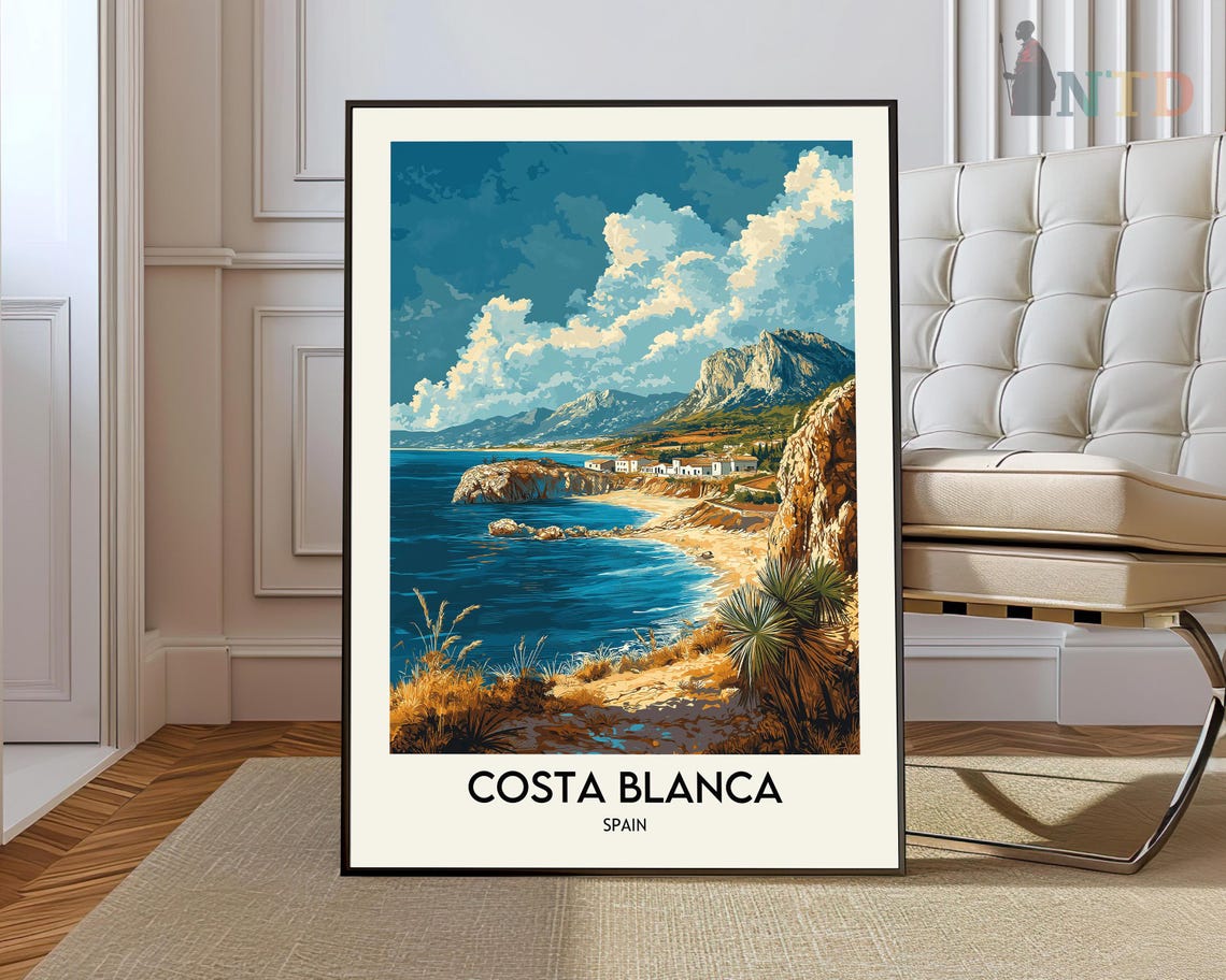 Costa Blanca Spain Rocky Coastline Cliffs and Beach Travel Poster