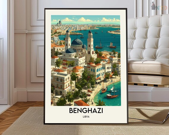Benghazi Libya Harbor Waterfront Historic City Travel Poster