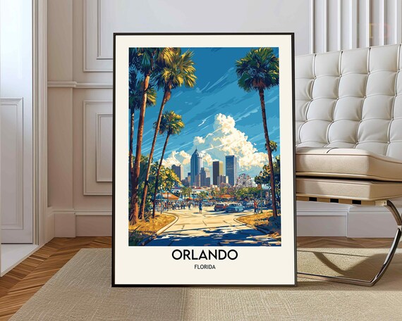 Orlando Florida Palm Avenue City Skyline Sunny Day Travel Poster