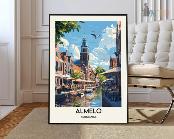 Almelo Netherlands Canal Street Cafes Summer Scene Travel Poster