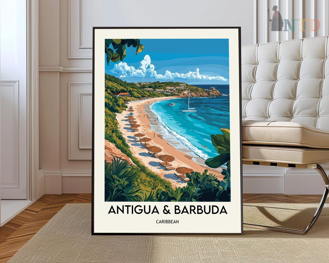 Antigua and Barbuda Caribbean Beach Paradise Vintage Travel Poster