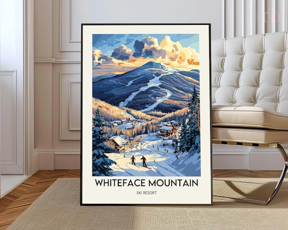 Whiteface Mountain Ski Resort Sunset Slopes Vintage Travel Poster